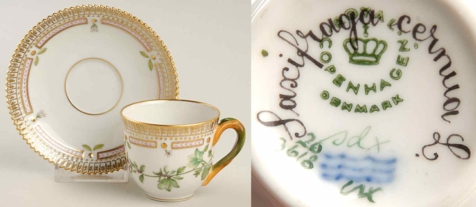 Flora Danica (1961 To Current) Flat Demitasse Cup & Saucer-Sascifraga cernua L. by Royal Copenhagen-1
