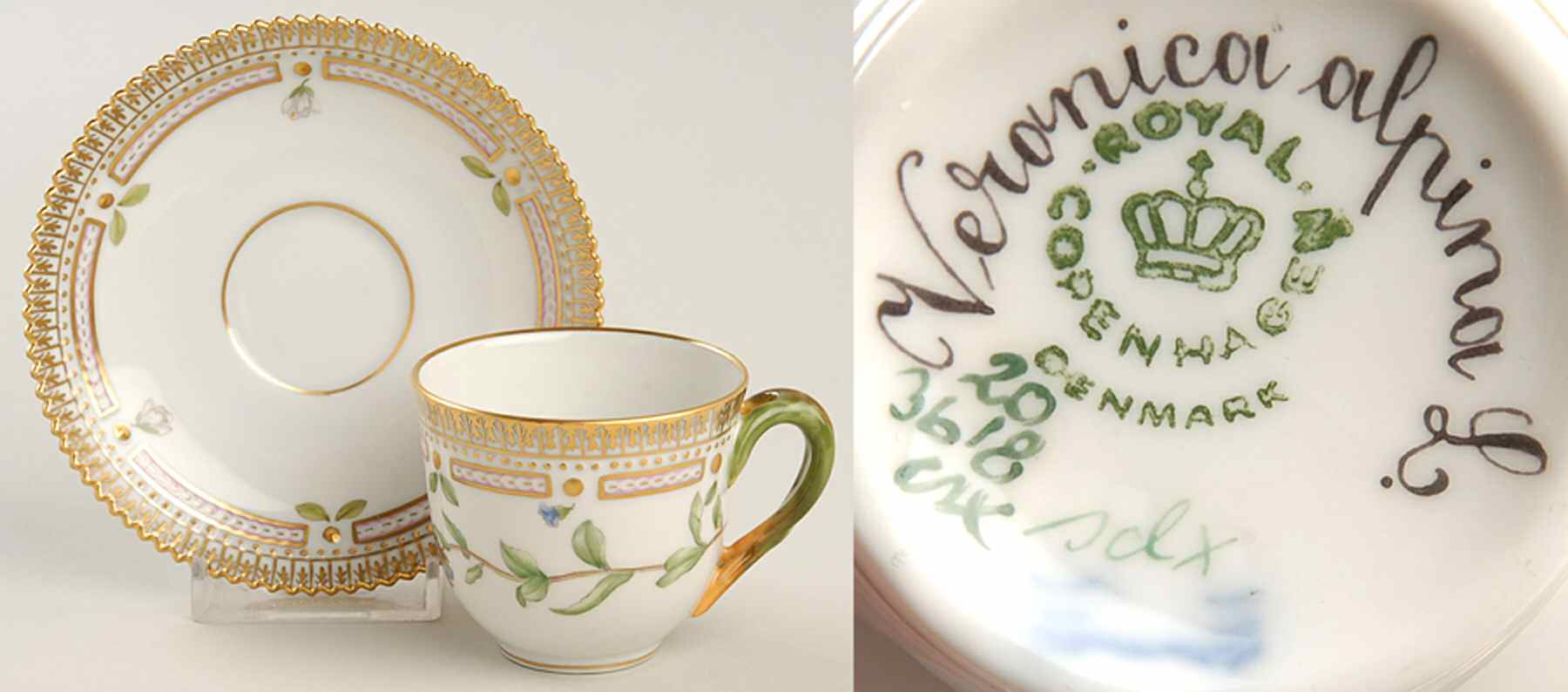 Flora Danica (1961 To Current) Flat Demitasse Cup & Saucer-Veronica alpina L by Royal Copenhagen-1