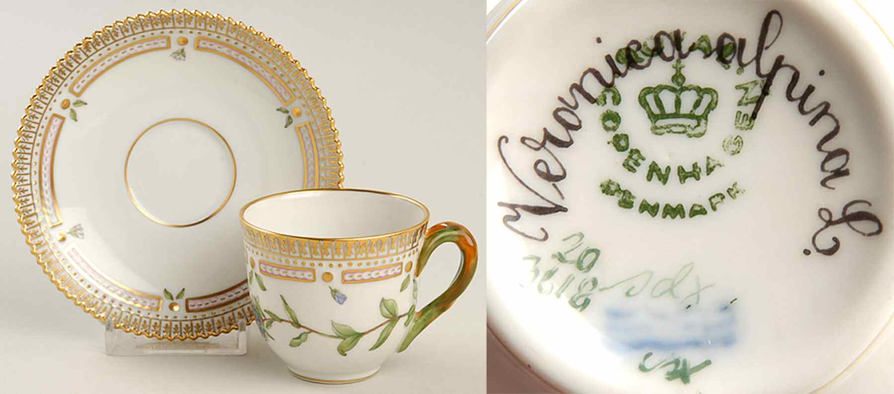 Flora Danica (1961 To Current) Flat Demitasse Cup & Saucer-Veronica alpina L by Royal Copenhagen-1