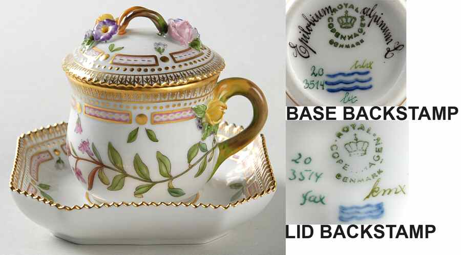Flora Danica (1961 To Current) Round Custard Cup, Saucer & Lid-Epilobium alpinum by Royal Copenhagen-1