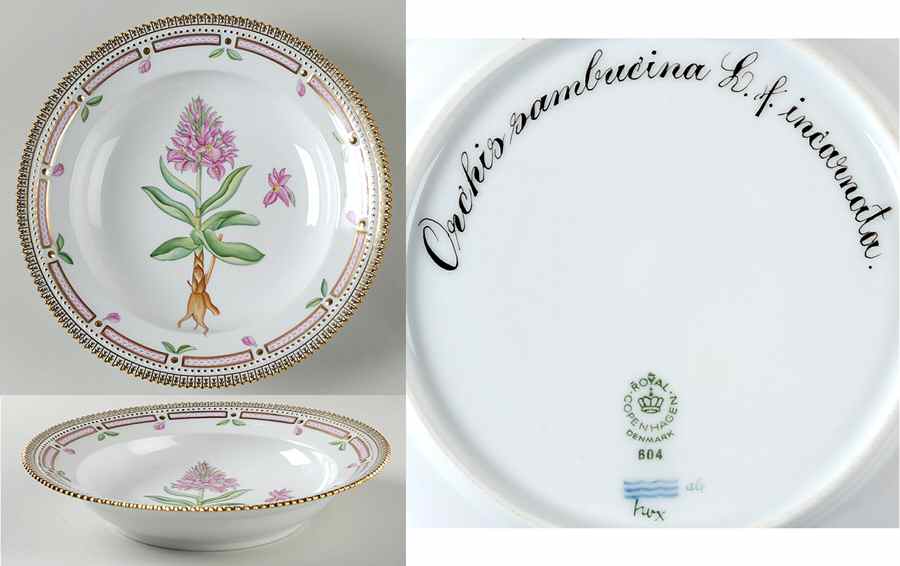 Flora Danica (1961 To Current) Rim Soup Bowl-Orchis sambucina L f. incarnator. by Royal Copenhagen-1