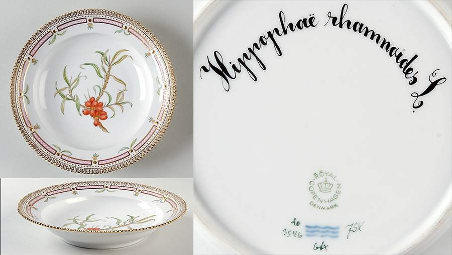 Flora Danica (1961 To Current) Rim Soup Bowl-Hippophae rhamnoides L by Royal Copenhagen-1