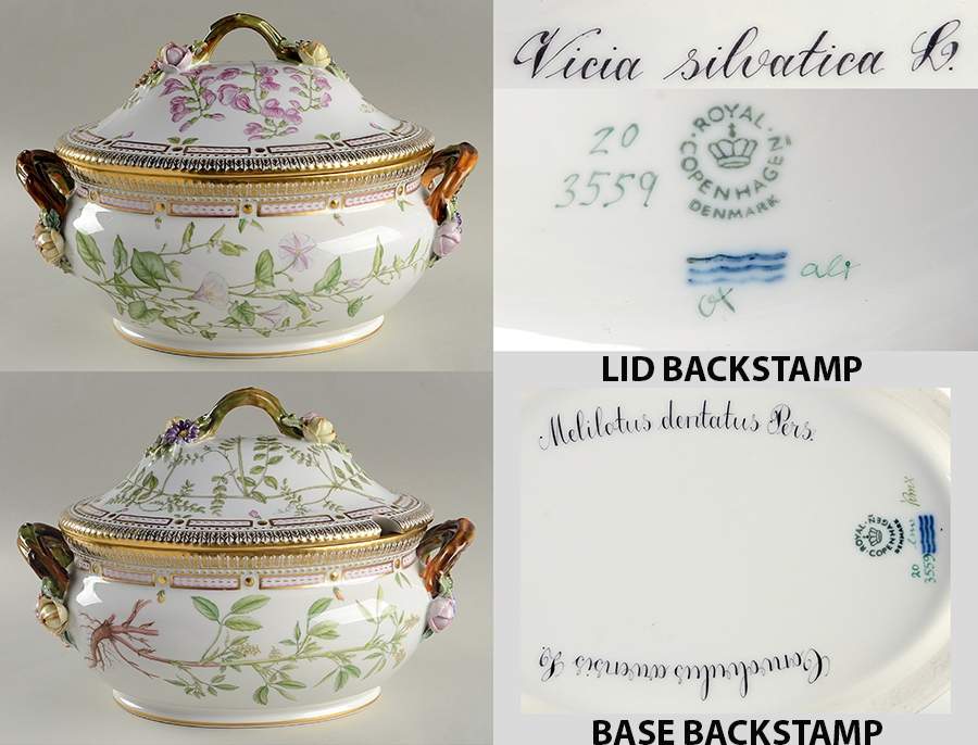 Flora Danica (1961 To Current) 4 Qt Oval Tureen & Lid-Convo ar, Meli d, Vicia sil by Royal Copenhagen-1