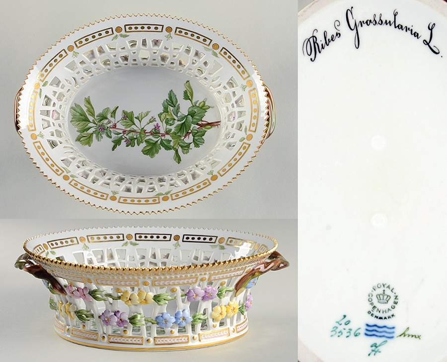 Flora Danica (1961 To Current) 9" Oval Fruit Basket-Ribes Grossularia L by Royal Copenhagen-1