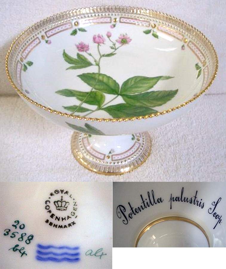 Flora Danica (1961 To Current) Round High Foot Cake Plate-Potentilla palustris Se by Royal Copenhagen-1