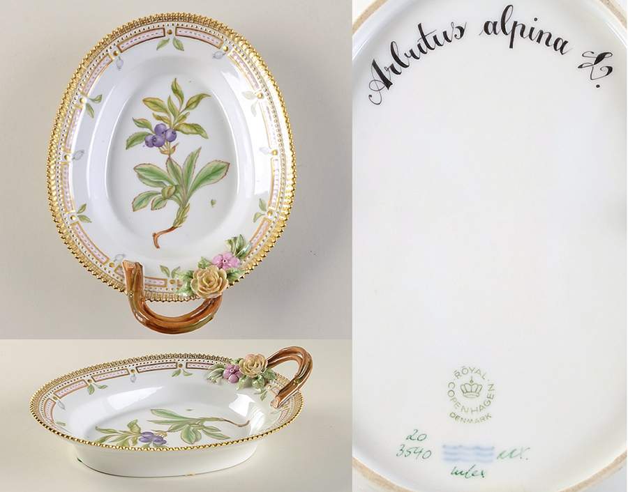 Flora Danica (1961 To Current) 8" Oval Handled Pickle/Accent-Arbutus alpina L. by Royal Copenhagen-1
