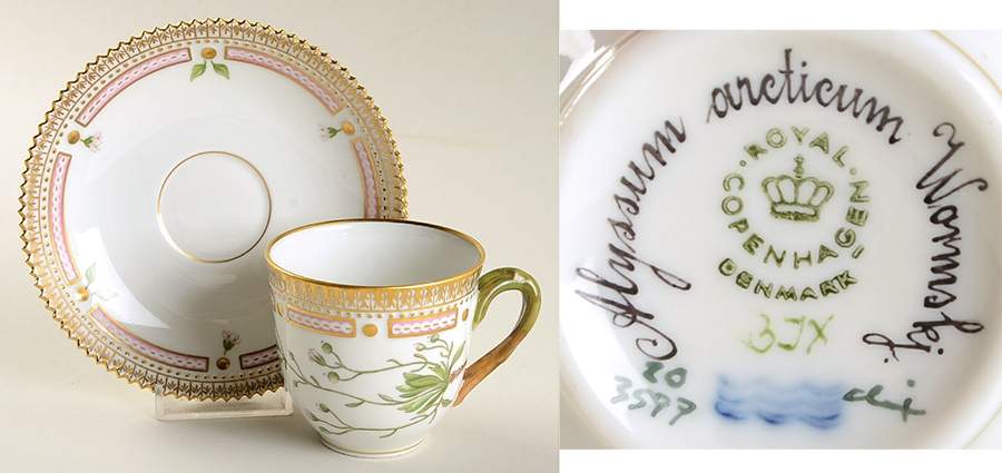 Flora Danica (1961 To Current) Flat Cup & Saucer Set-Alyssum arcticum Wormskj by Royal Copenhagen-1