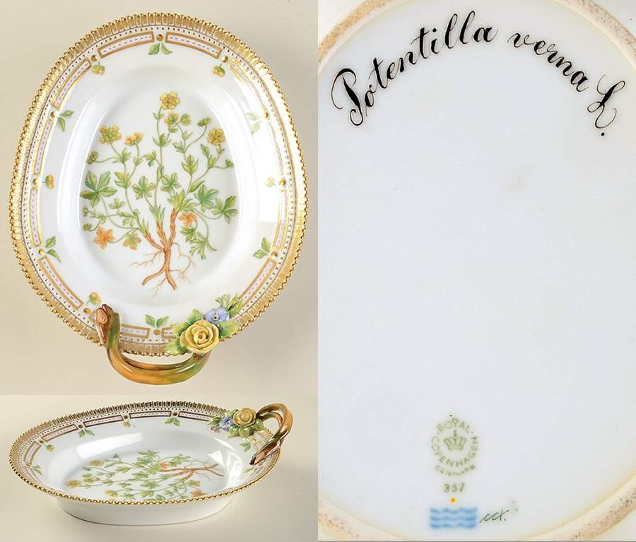 Flora Danica (1961 To Current) 9" Oval Handled Pickle/Accent-Potentilla verna L. by Royal Copenhagen-1