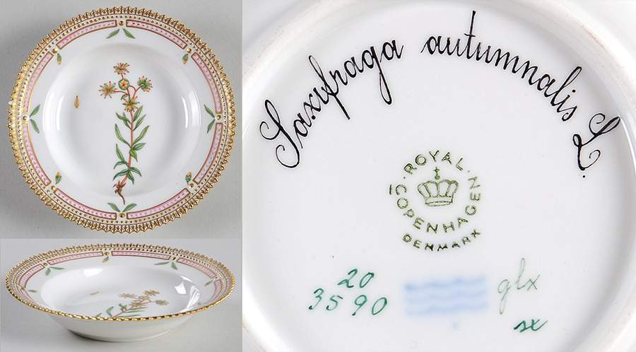 Flora Danica (1961 To Current) Rim Fruit/Soup Bowl-Saxufraga autumnalis L, by Royal Copenhagen-1