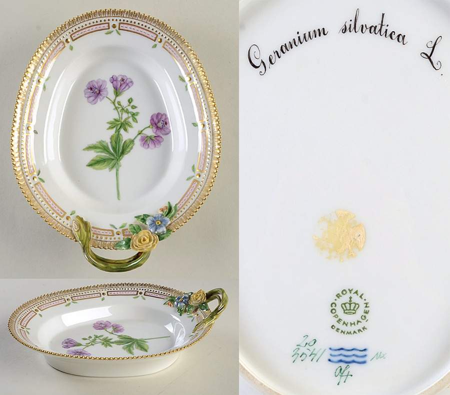 Flora Danica (1961 To Current) 9" Oval Handled Pickle/Accent-Geranium silvatica L by Royal Copenhagen-1