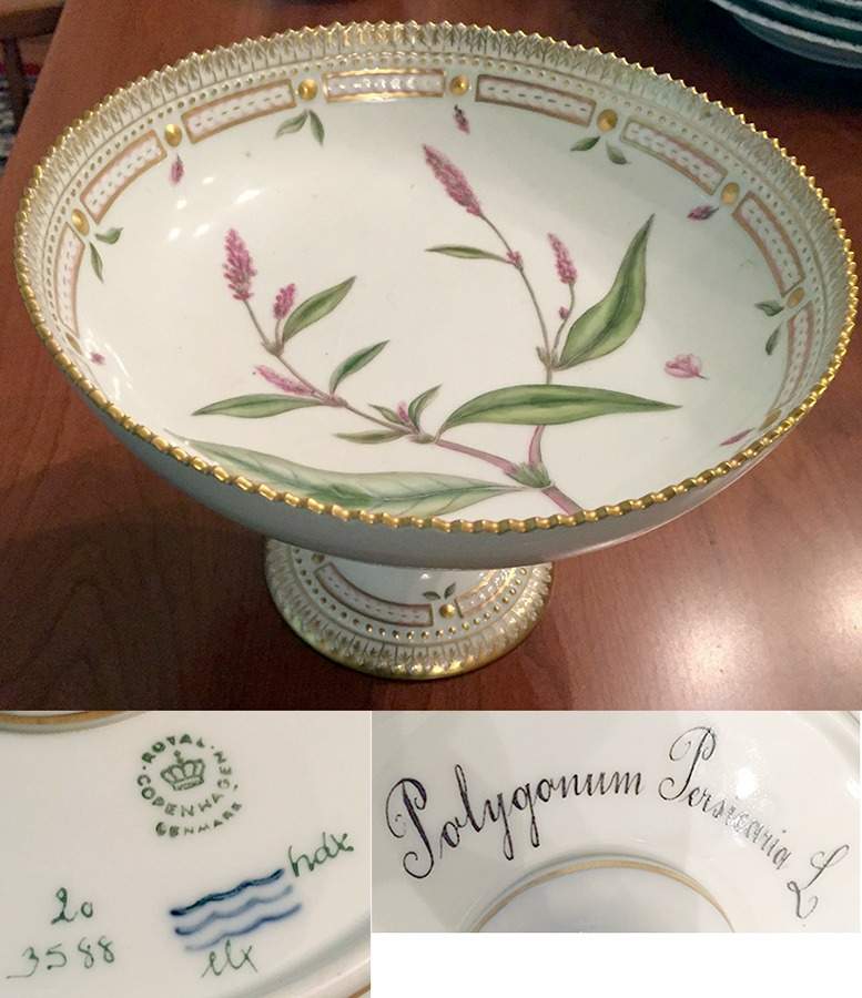 Flora Danica (1961 To Current) Round High Foot Cake Plate-Polygonum persiania L by Royal Copenhagen-1