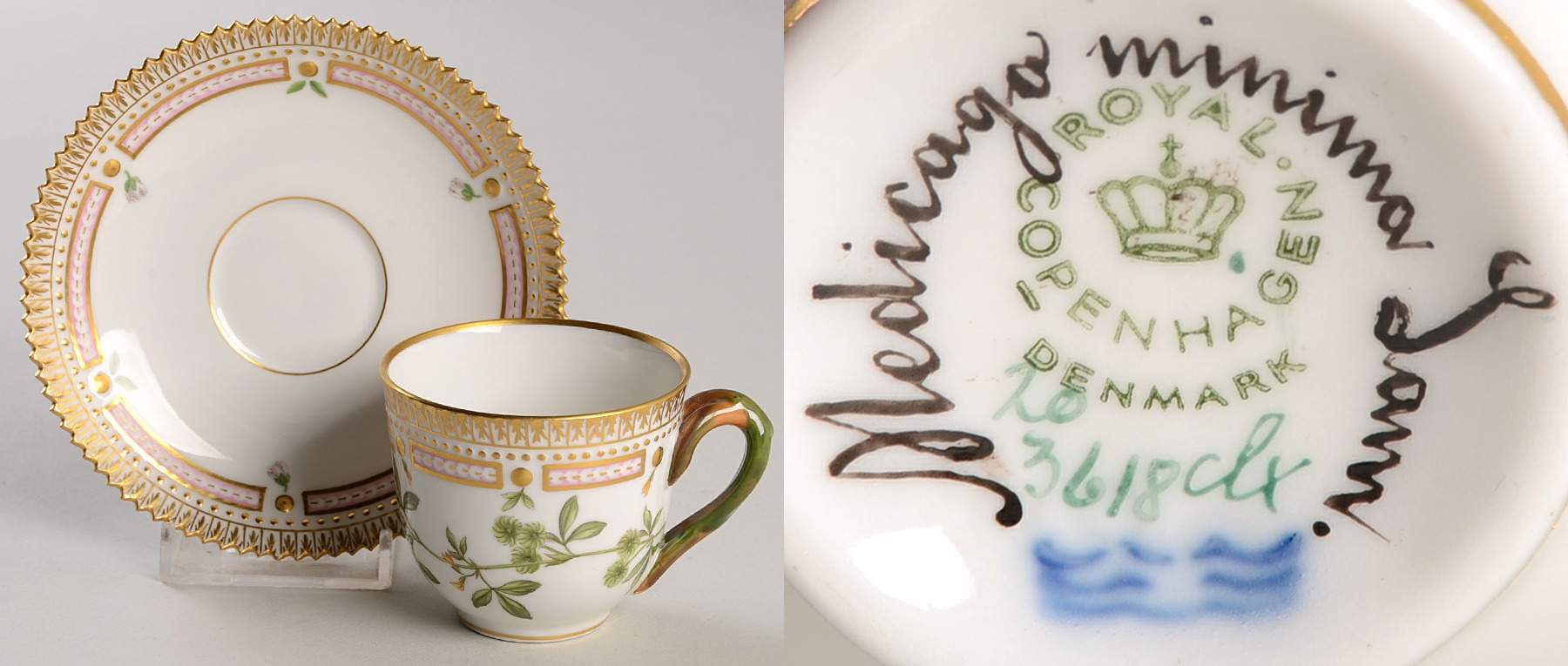 Flora Danica (1961 To Current) Flat Demitasse Cup & Saucer-Medicago minima L. by Royal Copenhagen-1
