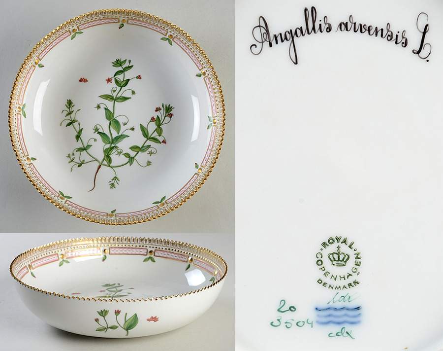 Flora Danica (1961 To Current) 9" Salad Serving Bowl-Angallis arvensis L. by Royal Copenhagen-1