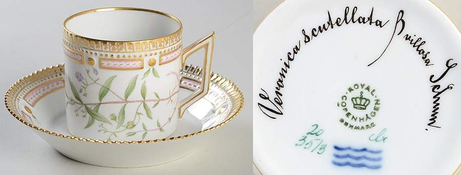 Flora Danica (1961 To Current) Chocolate Cup & Serrated Saucer-Veronica sentellat by Royal Copenhagen-1