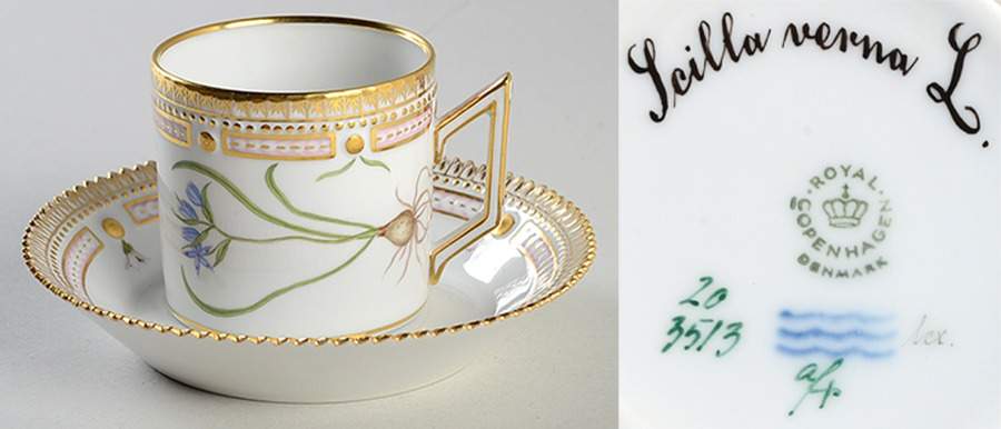 Flora Danica (1961 To Current) Chocolate Cup & Serrated Saucer-Scilla verna L. by Royal Copenhagen-1