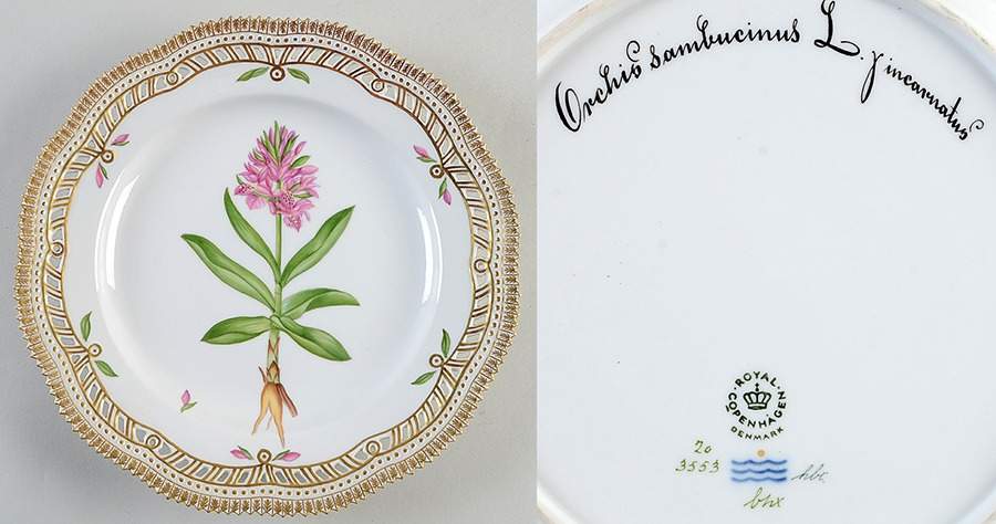 Flora Danica (1961 To Current) 10" Pierced Dinner Plate/Fruit Std-Orchis sambucin by Royal Copenhagen-1