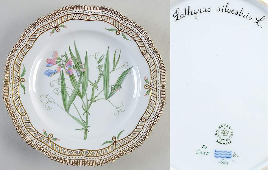 Flora Danica (1961 To Current) 10" Pierced Dinner Plate/Fruit Std-Lathyrus silves by Royal Copenhagen-1