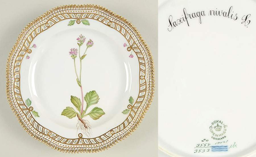 Flora Danica (1961 To Current) 9" Pierced Luncheon Plate/Fruit Std-Saxifraga niva by Royal Copenhagen-1
