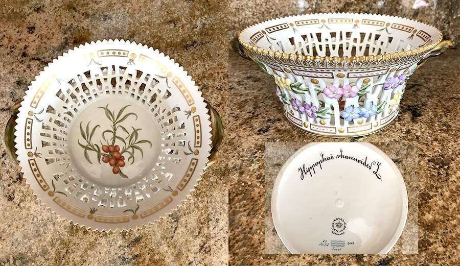 Flora Danica (1961 To Current) 7" Round Fruit Basket-Hippophae rhamnoides L. by Royal Copenhagen-1