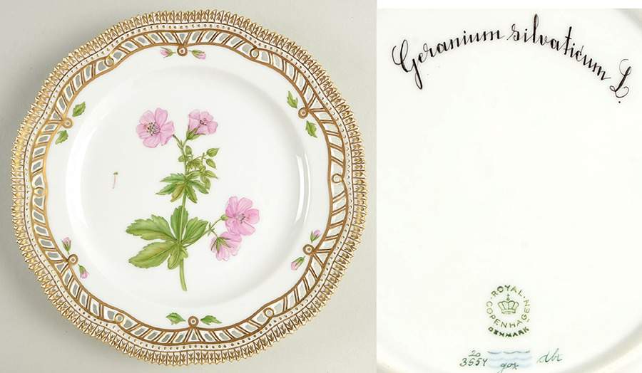 Flora Danica (1961 To Current) 9" Pierced Luncheon Plate/Fruit Std-Geranium silva by Royal Copenhagen-1