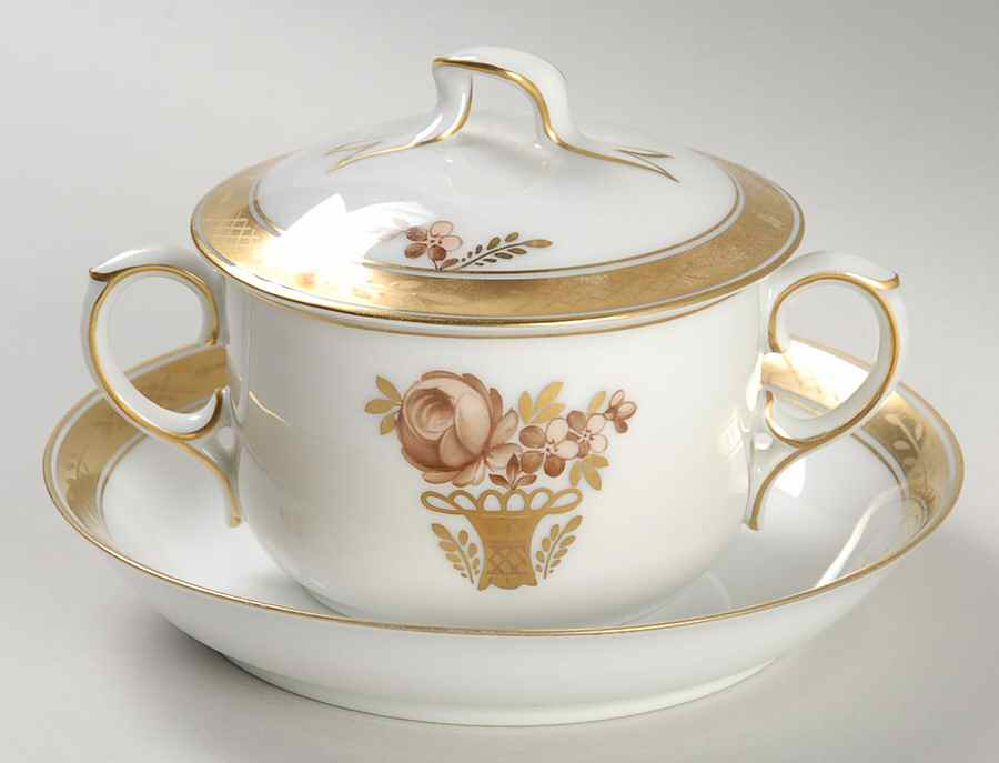 Golden Basket Cream Soup Bowl & Saucer Set with Lid by Royal Copenhagen-1