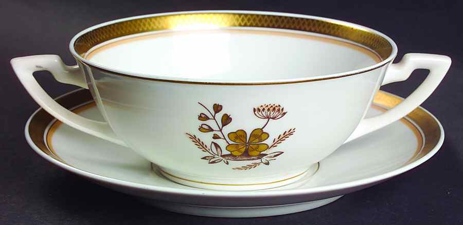 Golden Clover (White) Flat Cream Soup Bowl & Saucer Set by Royal Copenhagen-1