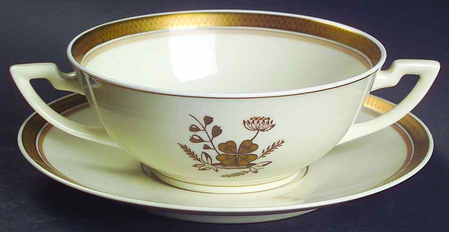 Golden Clover (Cream) Flat Cream Soup Bowl & Saucer Set by Royal Copenhagen-1