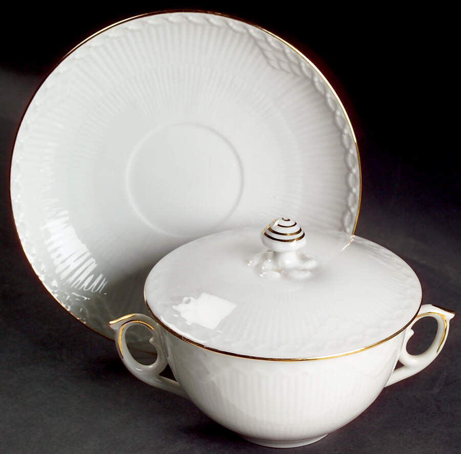 Gold Fan Cream Soup Bowl & Saucer Set with Lid by Royal Copenhagen-1