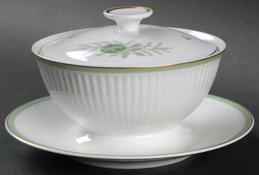 Green Melodi Gravy Boat w/Attached Underplate & Lid by Royal Copenhagen-1