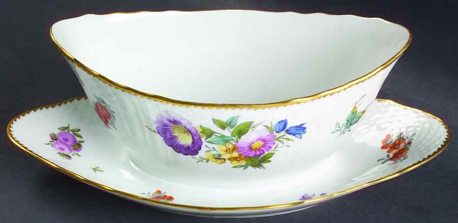 Saxon Flower (1221) Gravy Boat with Attached Underplate by Royal Copenhagen-1