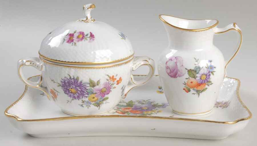 Saxon Flower (1221) Creamer & Sugar with Lid & Tray Set by Royal Copenhagen-1