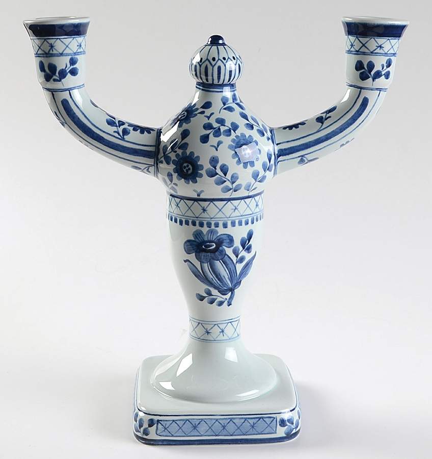 Tranquebar Blue (Rim, Wide Lattice Band) Double Light Candlestick by Royal Copenhagen-1
