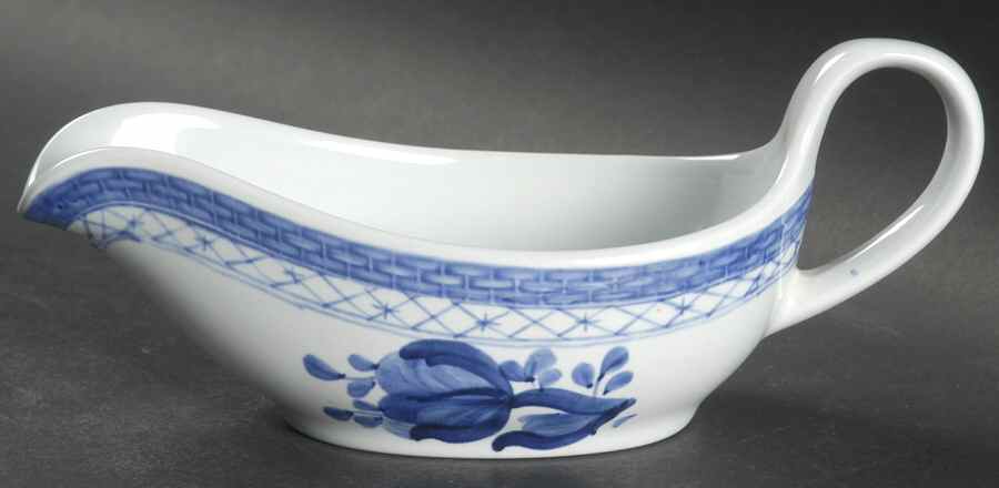 Tranquebar Blue (Rim, Wide Lattice Band) Individual Gravy Boat by Royal Copenhagen-1