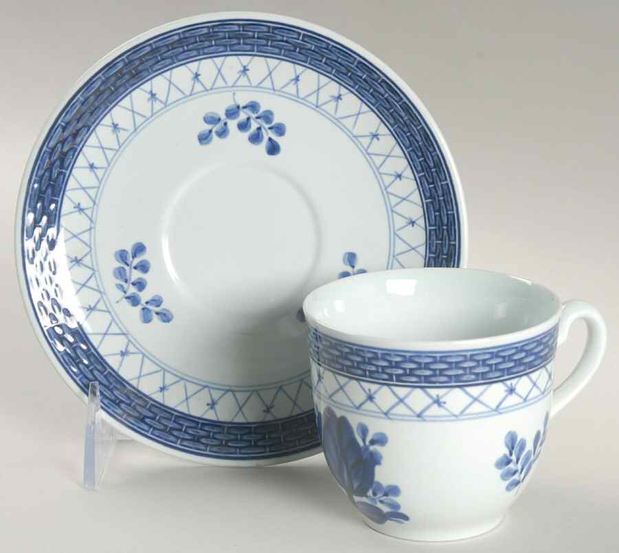 Tranquebar Blue (Rim, Wide Lattice Band) Flat Cup & Saucer Set by Royal Copenhagen-1