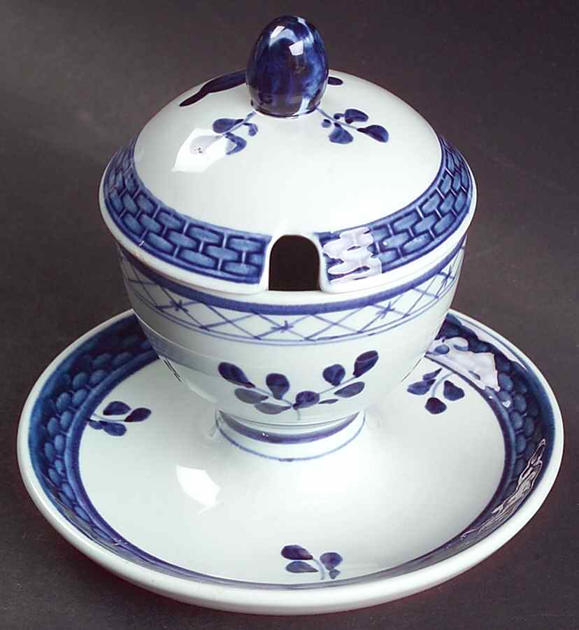 Tranquebar Blue (Rim, Wide Lattice Band) Mustard Jar & Lid by Royal Copenhagen-1