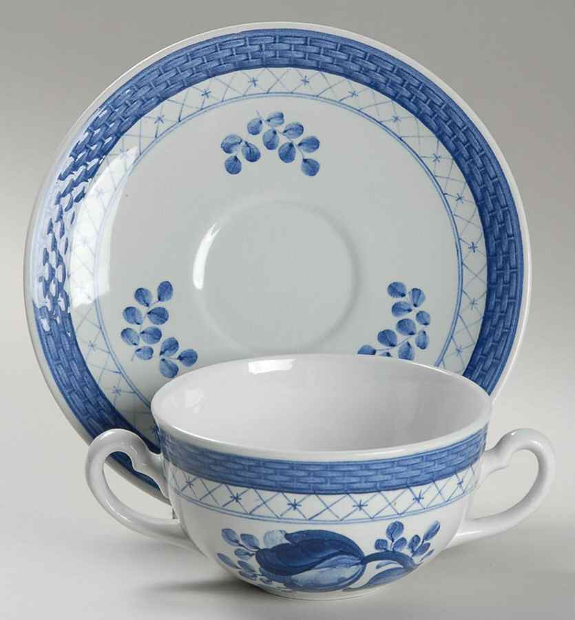 Tranquebar Blue (Rim, Wide Lattice Band) Flat Bouillon Cup & Saucer by Royal Copenhagen-1