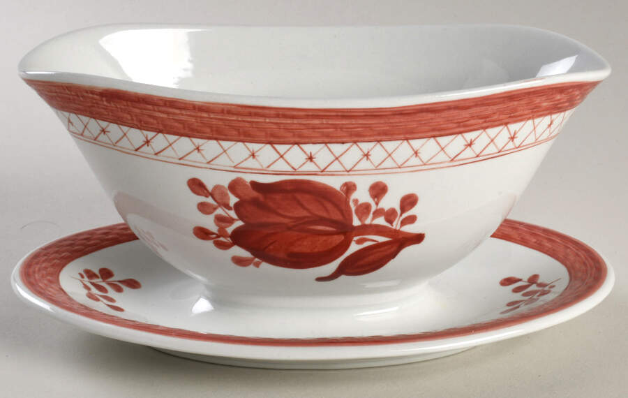 Tranquebar Red Gravy Boat with Attached Underplate by Royal Copenhagen-1