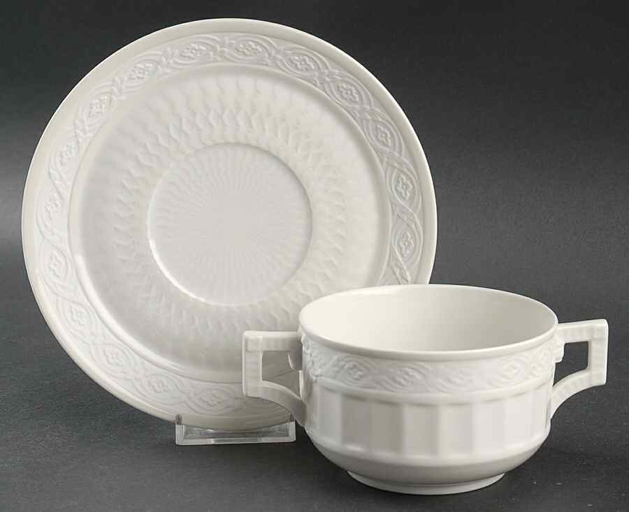 White Fan Flat Cream Soup Bowl & Saucer Set by Royal Copenhagen-1