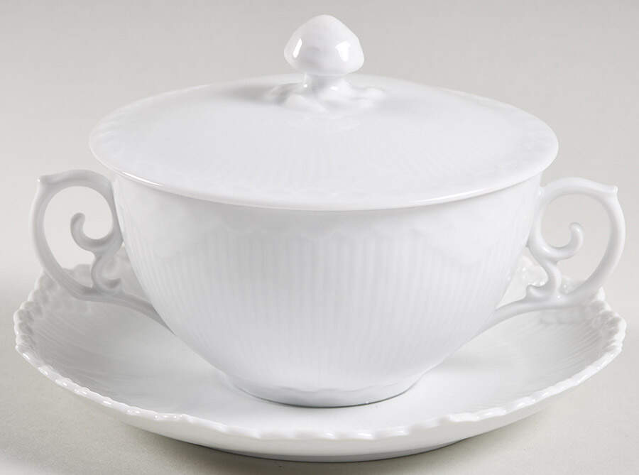 White Half Lace Flat Cream Soup Bowl & Saucer Set with Lid by Royal Copenhagen-1