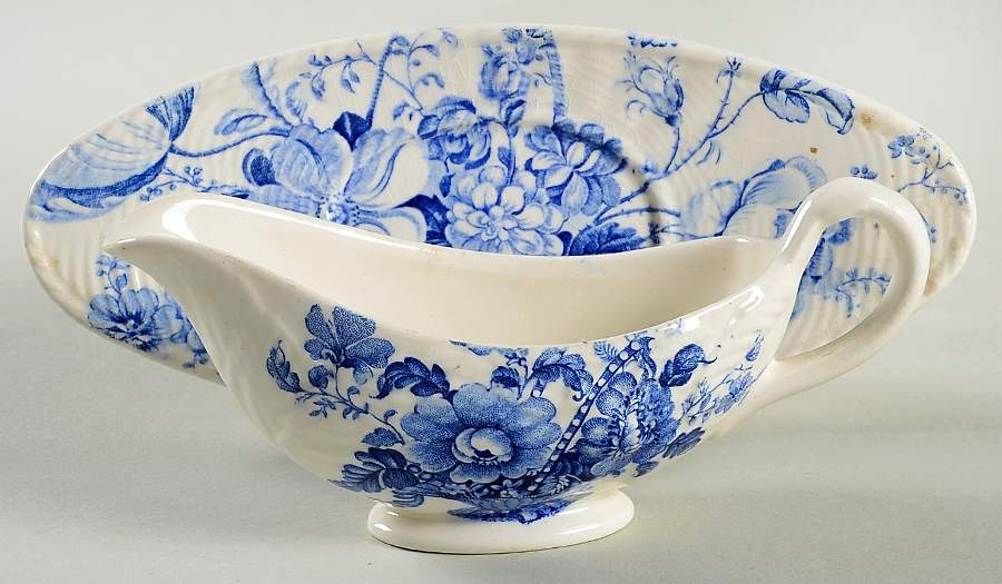 Charlotte Blue On White Individual Gravy Boat & Plate by Royal Crownford-1