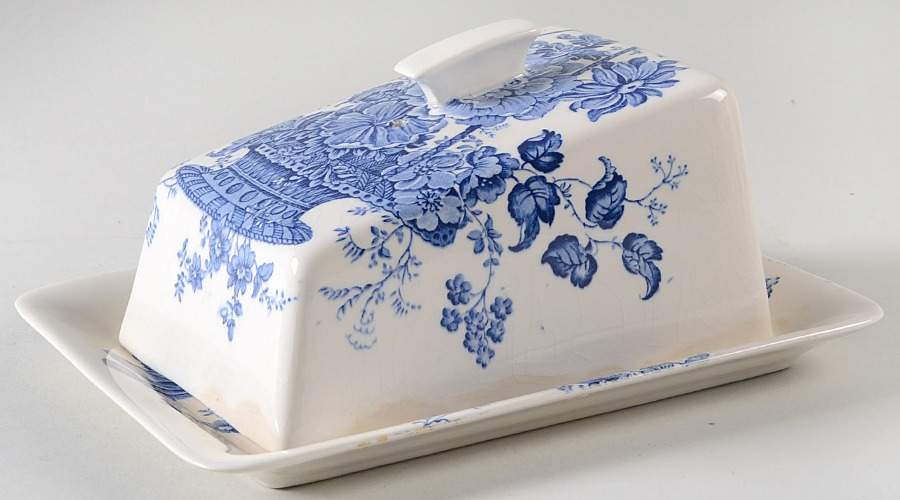 Charlotte Blue On White Cheese Dish with Lid (Wedge) by Royal Crownford-1