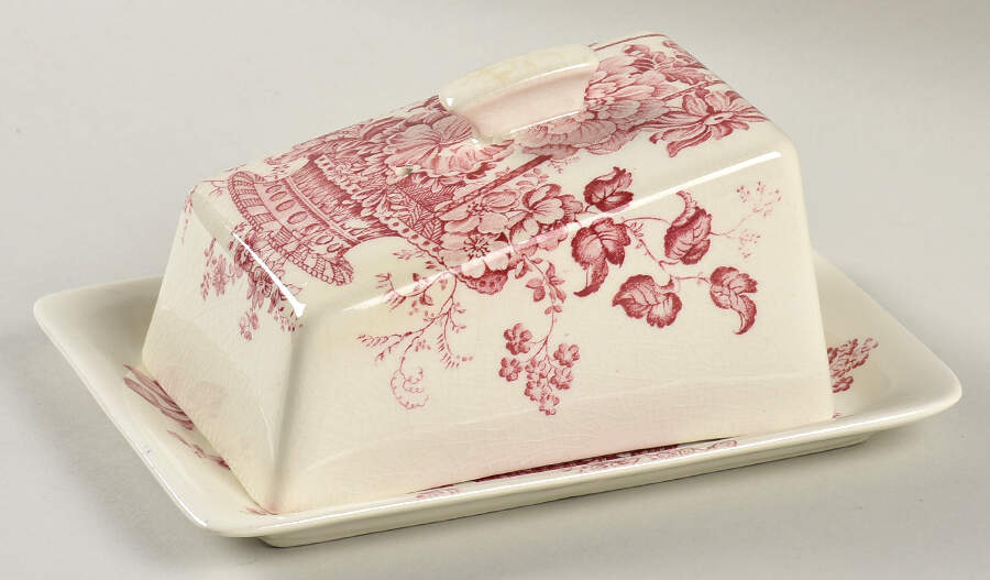 Charlotte Red On White Cheese Dish with Lid (Wedge) by Royal Crownford-1