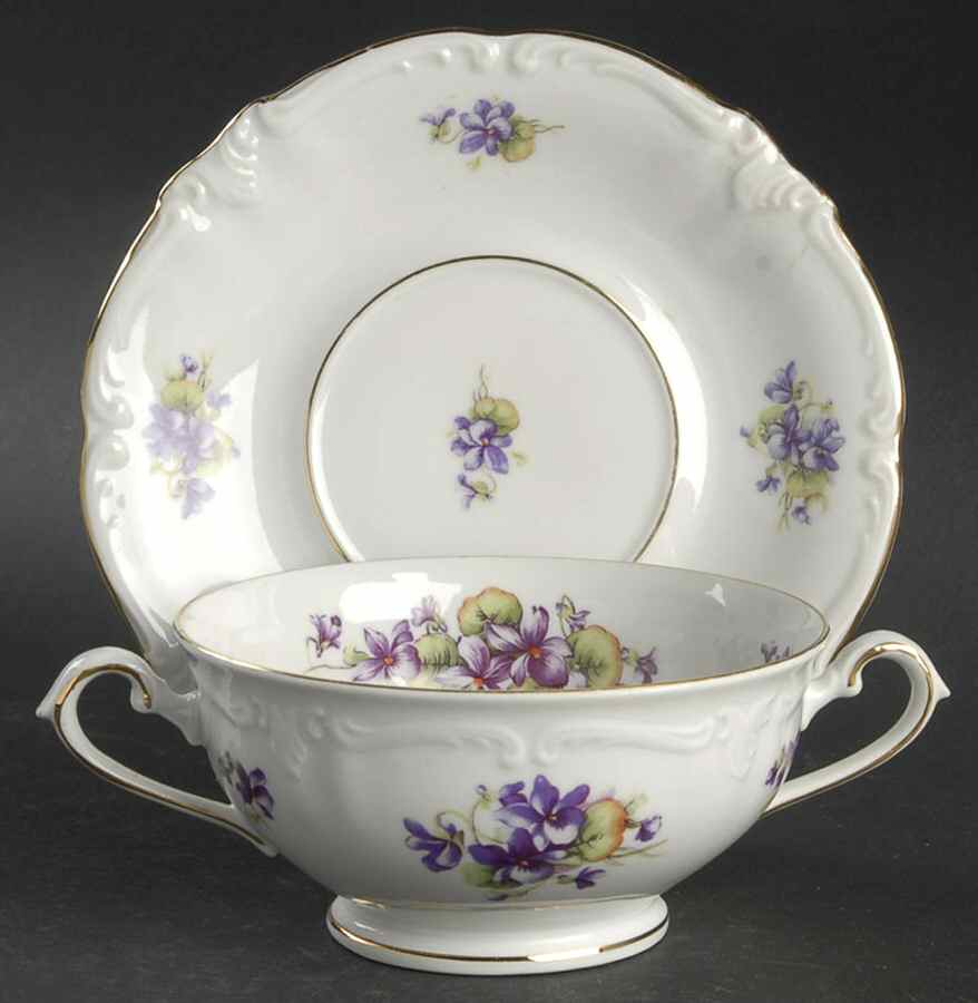 Violet of The Alps Footed Cream Soup Bowl & Saucer Set by Royal Castle-1