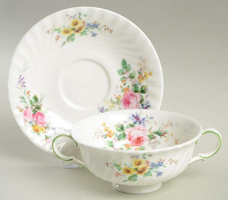 Arcadia (New, Smooth, Brown Green Backstamp) Footed Cream Soup Bowl & Saucer Set by Royal Doulton-1