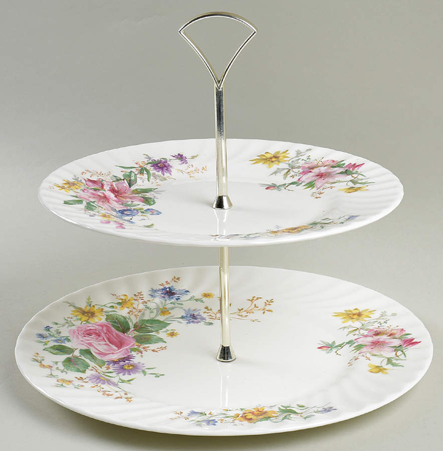 Arcadia (New, Smooth, Brown Green Backstamp) 2-Tiered Serving Tray (Dinner & Luncheon Plates) by Royal Doulton-1
