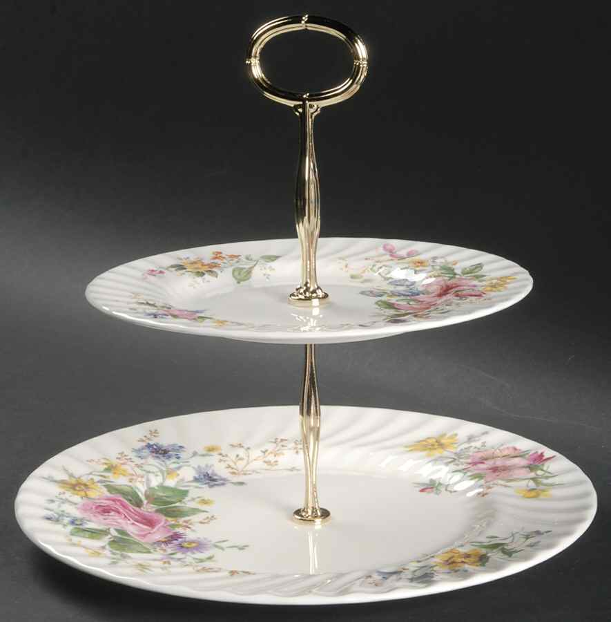 Arcadia (New, Smooth, Brown Green Backstamp) 2 Tiered Serving Tray (Dinner & Salad Plate) by Royal Doulton-1