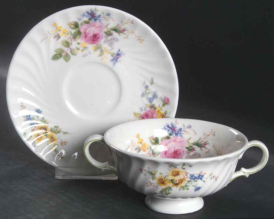 Arcadia (New, Smooth, Brown Green Backstamp) Footed Cream Soup Bowl & Saucer Set by Royal Doulton-1