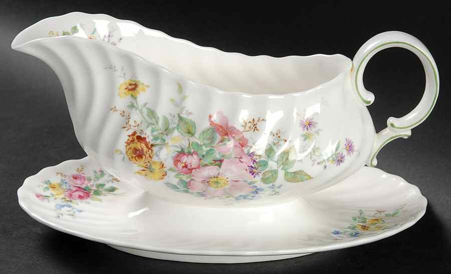 Arcadia (New, Smooth, Brown Green Backstamp) Gravy Boat with Attached Underplate by Royal Doulton-1