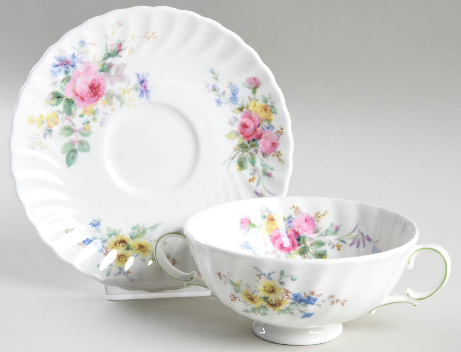 Arcadia (Older, Green Backstamp) Footed Cream Soup Bowl & Saucer Set by Royal Doulton-1