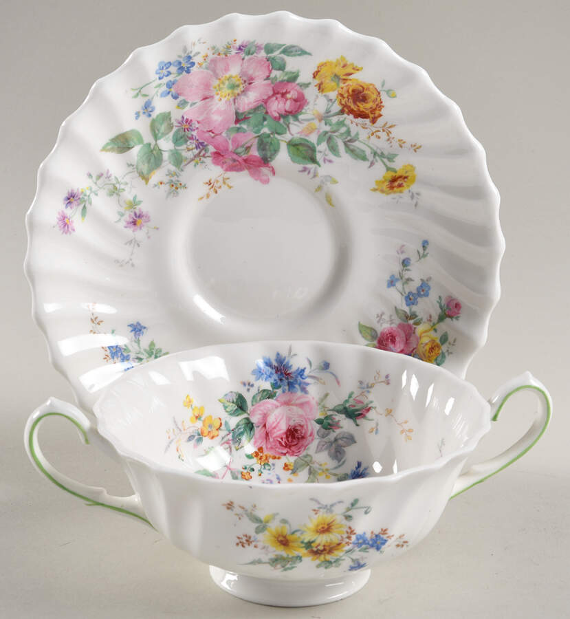 Arcadia (Older, Green Backstamp) Footed Cream Soup Bowl & Saucer Set by Royal Doulton-1